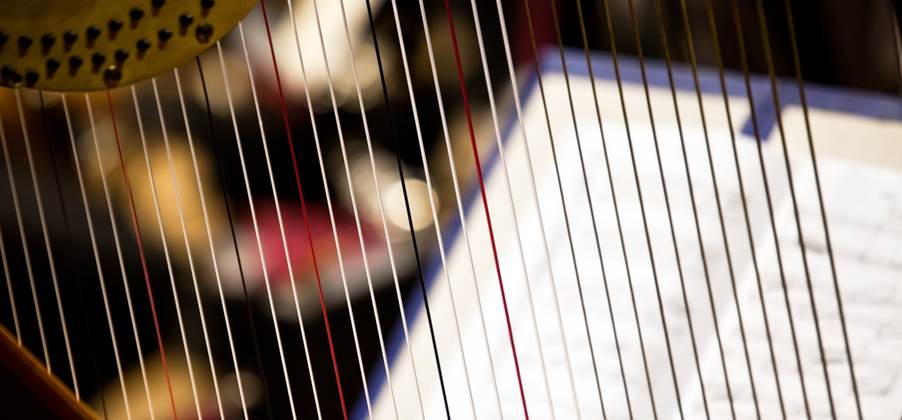 Close-up of a harp with a book

Description automatically generated