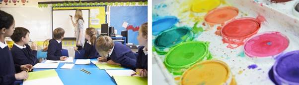 A picture of a classroom and a colouring set 